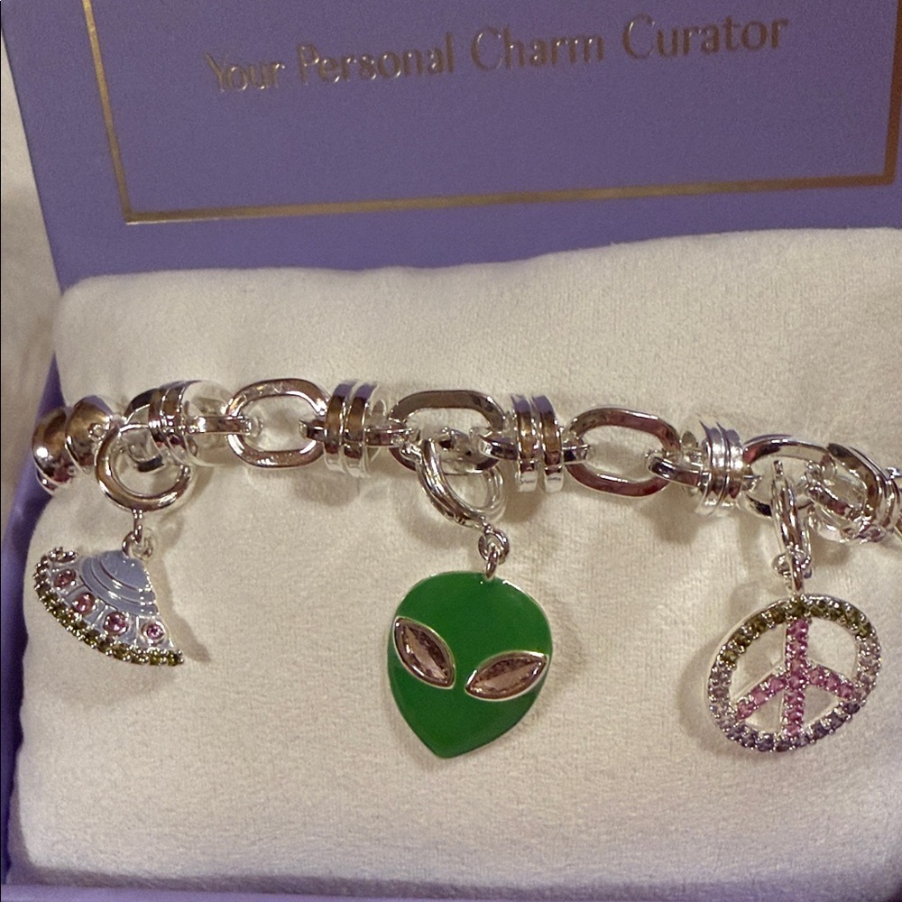 Charmelier Silver Bracelet with Green and Pink Charms - Picture 2 of 4